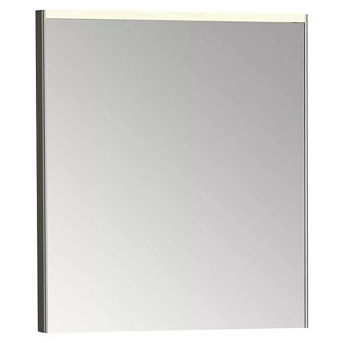 VitrA Sento Badmöbel-Set - 63 cm, Hellgrau, Ohne Wäschekorb - Rechteckiger Spiegel mit integriertem LED-Lichtstreifen oben und dunkelgrauen Seitenrahmen.