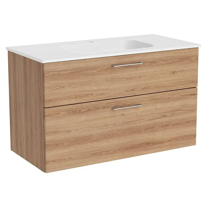Camargue Aurinia Waschtischunterschrank - 100 x 48 x 60 cm, Natural Oak - Bild eines modernen Waschtischunterschranks in Holzoptik mit zwei Schubladen und einem weißen Waschbecken. Stilvolles Badmöbel für ein zeitgemäßes Badezimmerdesign.