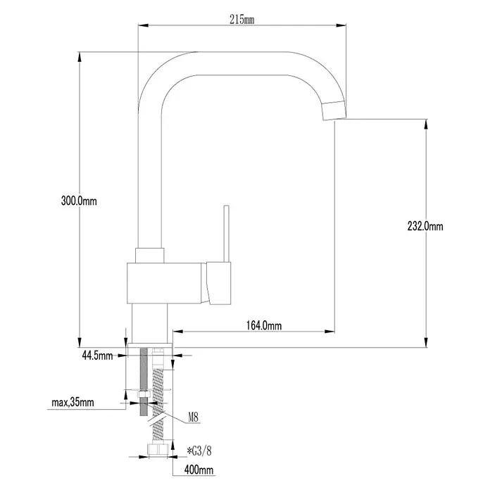 Universal de Grifería Grifo de cocina Kasai - Cromo, Brillante - Dibujo técnico de un grifo con dimensiones, destacando las medidas del producto y los detalles de instalación.