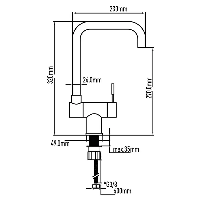 Universal de Grifería Grifo de cocina abatible - Cromo, Mate sedoso - Dibujo técnico de un grifo de cocina con medidas de altura, alcance y conexiones.