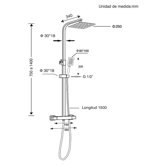 Universal de Grifería Sistema de ducha Boal - Con grifo termostático, Número de tipos de chorro: 1 ud., Negro - Un diagrama esquemático de un conjunto de ducha con dimensiones. Ideal para la planificación e instalación de baños con todos los detalles.