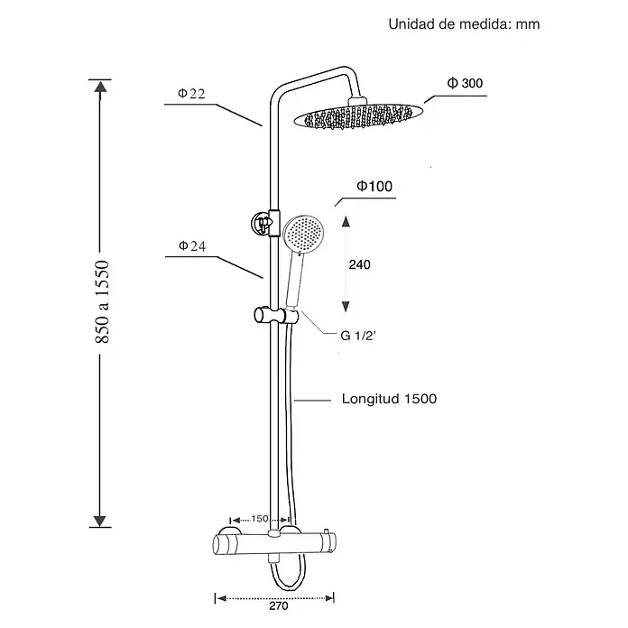 Universal de Grifería Sistema de ducha Tahoe - Con grifo termostático, Negro - Dibujo técnico de un grifo de ducha con dimensiones y detalles.