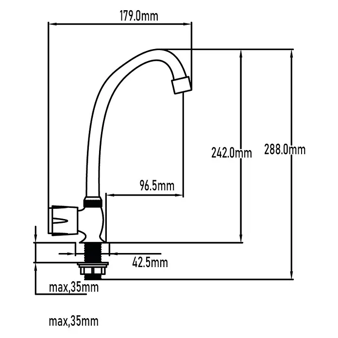 Universal de Grifería Grifo de cocina Vertical 1 Agua - Cromo, Brillante - Dibujo técnico de un grifo con dimensiones, incluyendo la altura (288 mm) y el alcance (179 mm).
