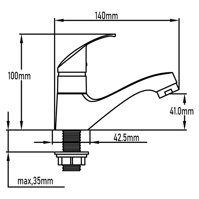 Universal de Grifería Grifo de lavabo 1 agua - Grifo monomando, Cromo, Brillante - Diagrama de un grifo que muestra medidas precisas para la altura, el alcance y la instalación.