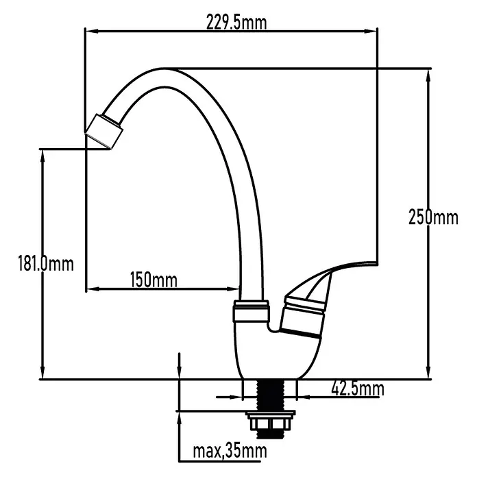 Universal de Grifería Grifo de cocina Un Agua - Cromo, Brillante - Dibujo técnico de un grifo de cocina con dimensiones. El grifo se muestra en vista lateral.