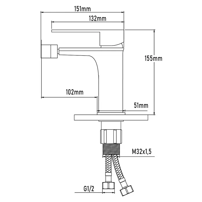 Universal de Grifería Kizu Grifo monomando de bidé - Cromo, Brillante - Dibujo técnico de un grifo con dimensiones para la instalación y el diseño, ilustrando detalles y compatibilidad.