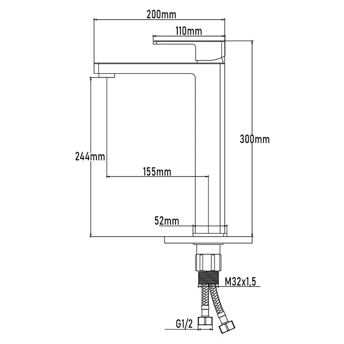 Universal de Grifería Yangtse Grifo de lavabo caño alto - Cromo, Brillante - Dibujo técnico de un grifo con medidas en milímetros para una vista detallada del producto.