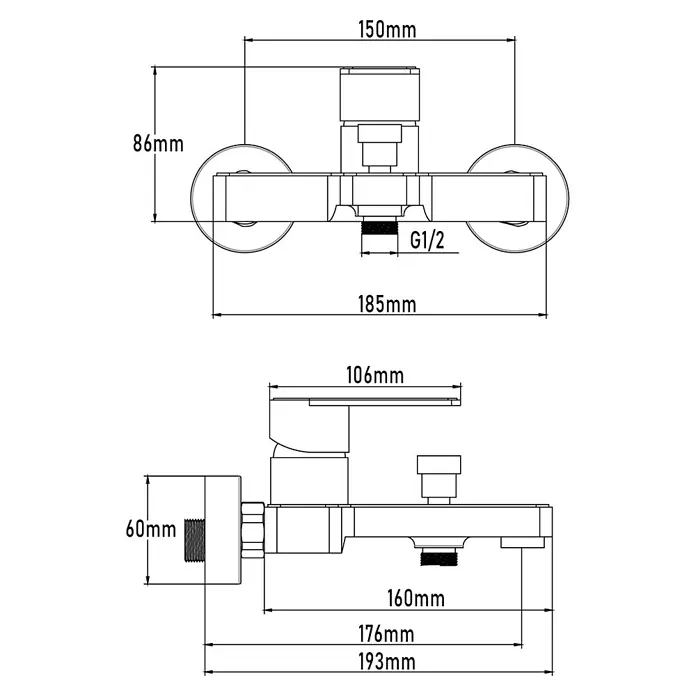 Universal de Grifería Yangtse Grifo monomando de bañera - Cromo, Brillante - Dibujo técnico del grifo con dimensiones para la instalación. ¡Ideal para fontaneros y aficionados al bricolaje!