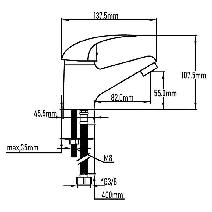 Universal de Grifería Rin Grifo de lavabo - Cromo, Brillante - Dibujo técnico del grifo con dimensiones detalladas.