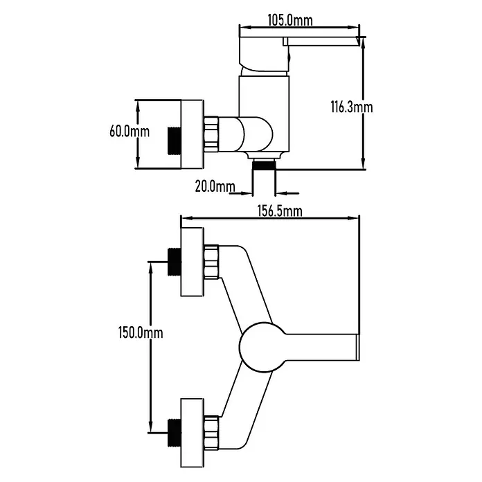 Universal de Grifería Danubio Grifo monomando de ducha - Cromo, Resplandeciente - Dibujo técnico de un grifo con dimensiones, detallando las medidas del producto para especificaciones precisas.