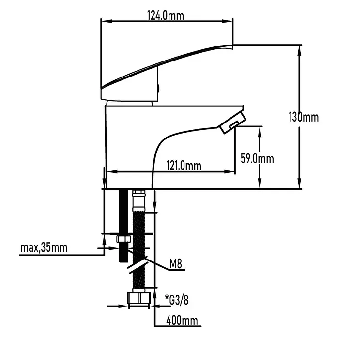 Universal de Grifería Murray Grifo de lavabo - Cromo, Brillante - Imagen del producto de un grifo con dimensiones de longitud, altura y profundidad. Las dimensiones se dan en milímetros.