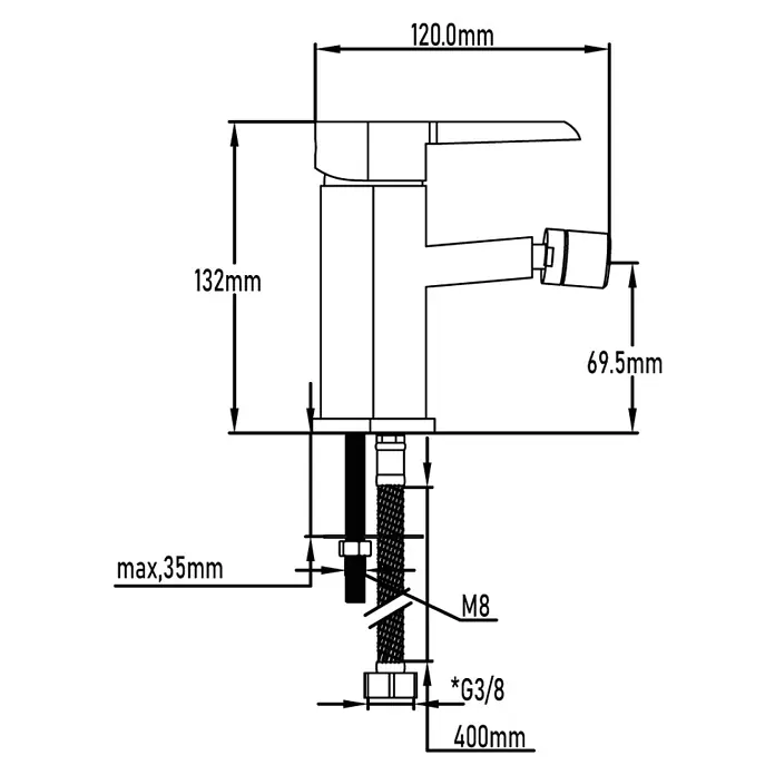 Universal de Grifería Sil Grifo monomando de bidé - Cromo, Brillante - Dibujo técnico de un componente mecánico con dimensiones. Representación precisa para ingenieros y técnicos.