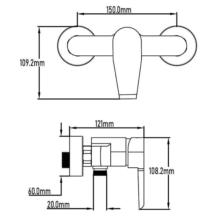 Universal de Grifería Sil Grifo monomando de ducha - Cromo, Resplandeciente - Diagrama del producto de un grifo de pared con dimensiones, incluyendo altura y longitud. Ideal para fichas técnicas.