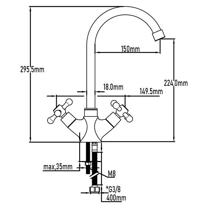 Universal de Grifería Classica Grifo de lavabo caño alto bimando - Bronce - Diagrama de un grifo de cocina con dimensiones. Representación detallada del grifo con todas las dimensiones relevantes para la instalación.