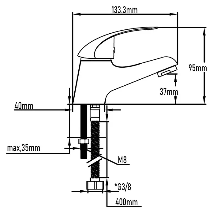 Universal de Grifería Aire Grifo de lavabo - Cromo, Brillante - Diagrama de un grifo con medidas para su instalación.