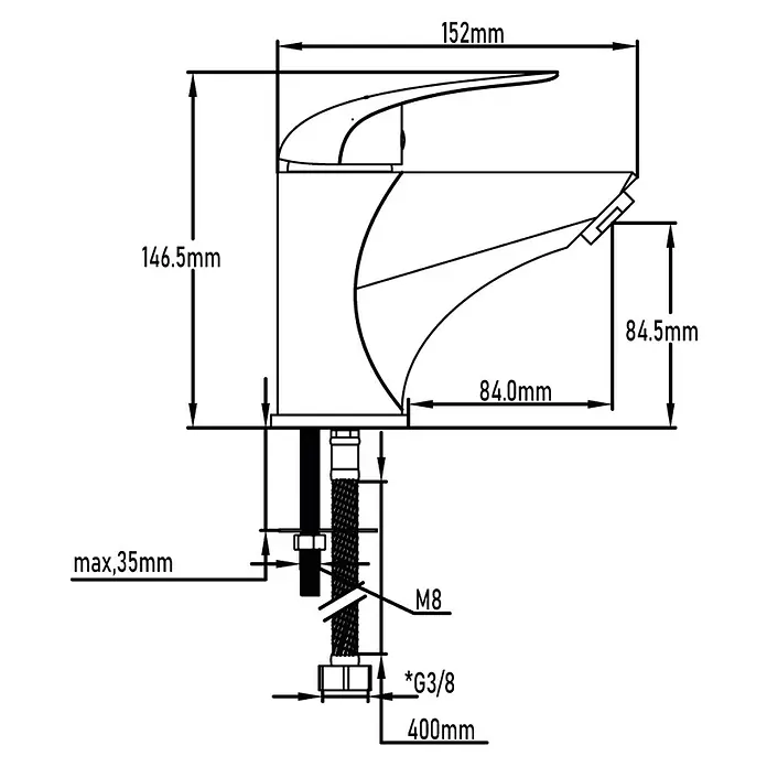 Universal de Grifería Tamesis Grifo de lavabo - Cromo, Brillante - Dibujo de un grifo con dimensiones que indican la altura, el ancho y los detalles de conexión para la instalación.