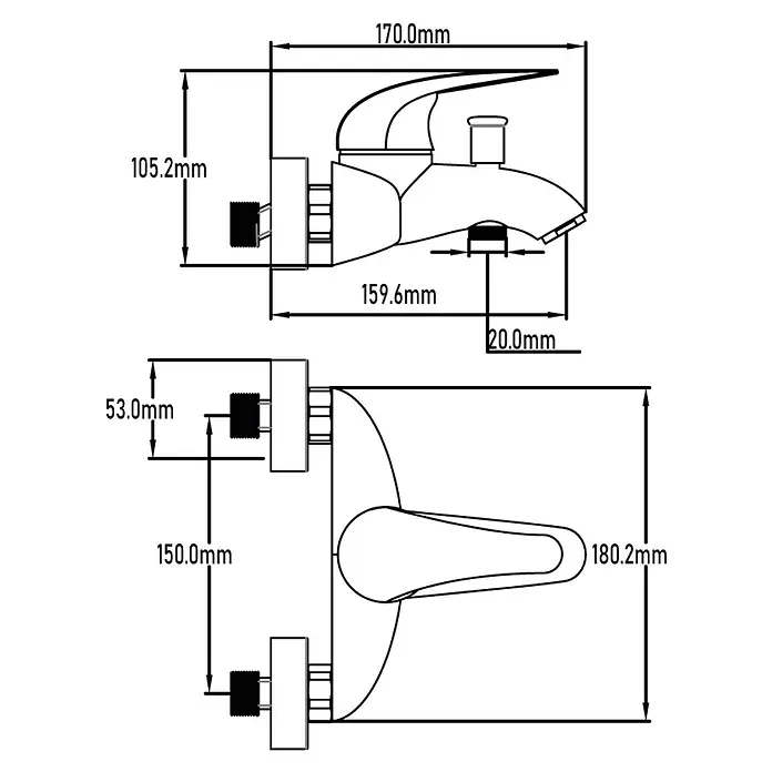 Universal de Grifería Tamesis Grifo monomando de bañera - Cromo, Brillante - Vista del producto del grifo con medidas que muestran la altura, el ancho y la profundidad del producto, ideal para la planificación del baño.