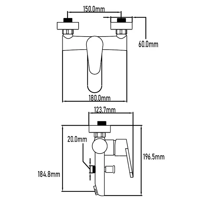 Universal de Grifería Grifo monomando de bañera Bidasoa - Negro, Mate - Diagrama de un grifo con dimensiones para su instalación.