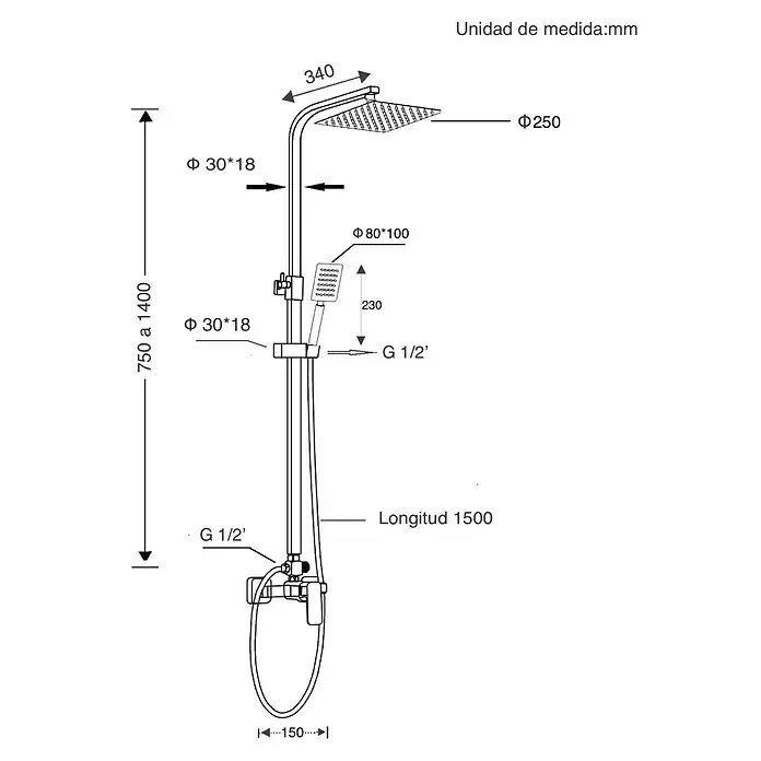 Universal de Grifería Sistema de ducha Maza - Con grifo monomando, Cromo - Ilustración de un conjunto de ducha con medidas para instalaciones sanitarias, que puede ser útil para el diseño o la renovación del baño.