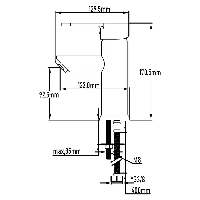 Universal de Grifería Ganges Grifo de lavabo - Cromo, Brillante - Vista del producto: dibujo de un grifo que muestra las medidas para el montaje y la instalación.