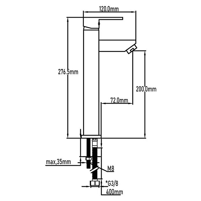 Universal de Grifería Amazonas Grifo de lavabo caño alto - Cromo, Brillante - Dibujo técnico de un grifo con medidas en milímetros, que detalla la altura, el alcance del caño y las conexiones roscadas.