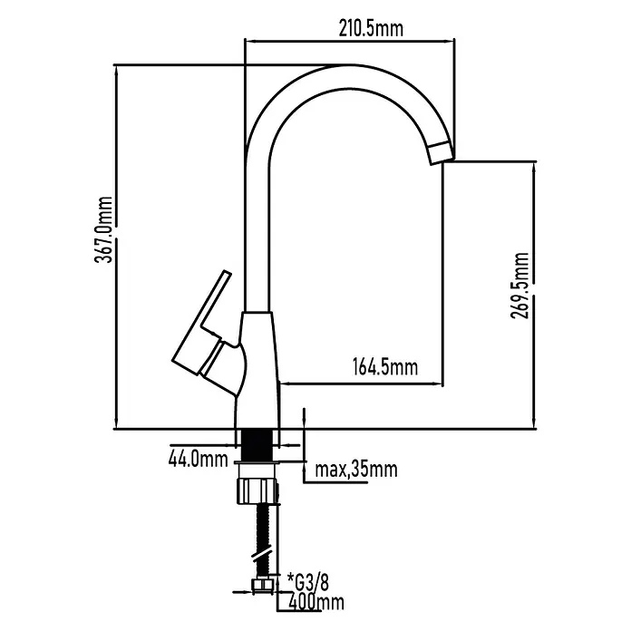 Universal de Grifería Grifo de cocina White - Blanco, Mate - La imagen presenta un dibujo técnico de un grifo, que detalla las dimensiones exactas para la instalación y las especificaciones de diseño.