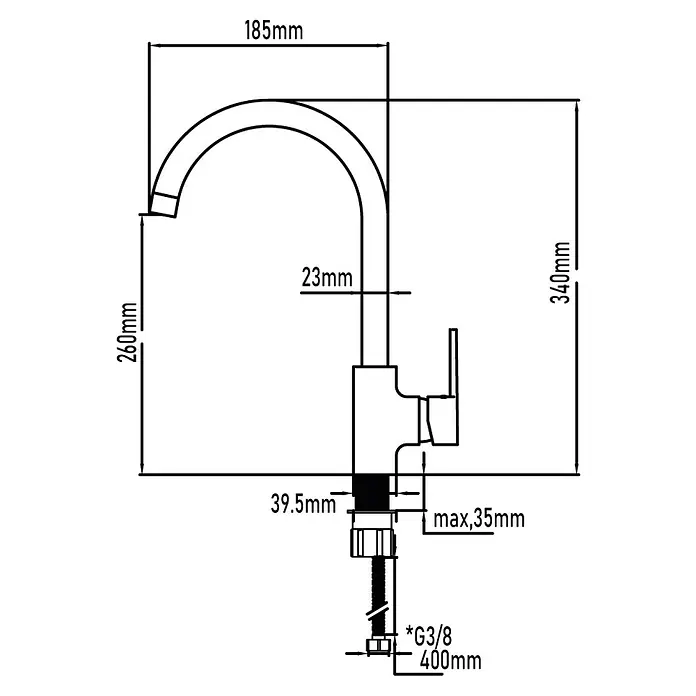 Universal de Grifería Grifo de cocina Zezere - Cromo, Brillante - Diagrama de grifo de cocina, con todas las medidas para la instalación, mostrando el tamaño y el diámetro del producto.