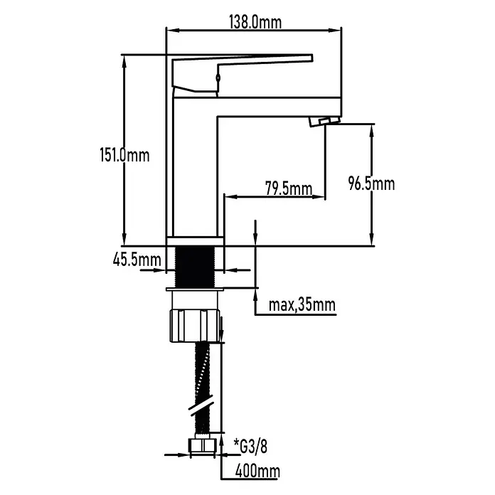 Universal de Grifería Duraton Grifo de lavabo - Cromo, Brillante - Diagrama de un grifo con dimensiones: altura 151 mm, alcance 138 mm, altura del caño 96,5 mm y longitud de la manguera 400 mm.