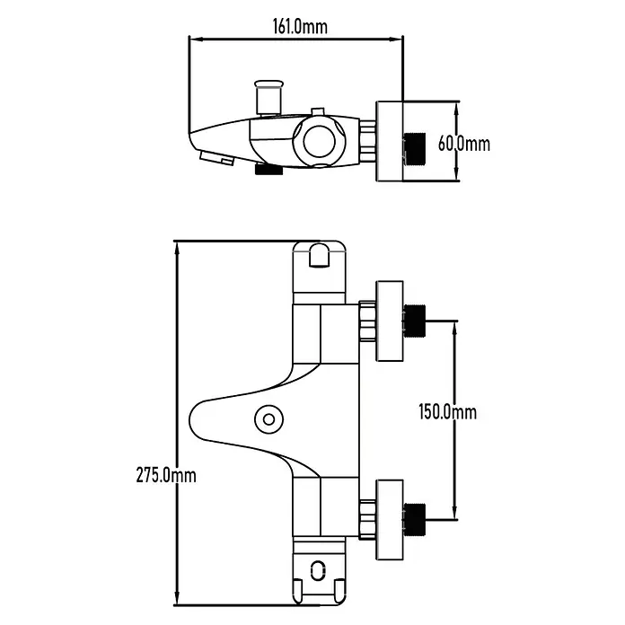 Universal de Grifería Sena Grifo termostático de bañera - Cromo - Boceto detallado de un accesorio con etiquetas de dimensiones para longitud, altura y anchura para dibujos técnicos.