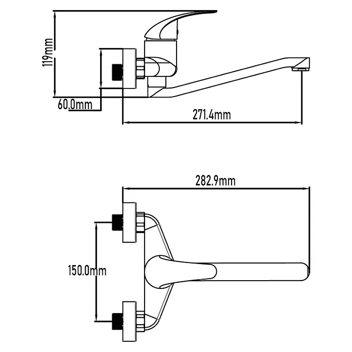 Universal de Grifería Grifo de cocina de pared Kapuas - Cromo, Brillante - Ilustración de un grifo con medidas, ideal para baños o cocinas.