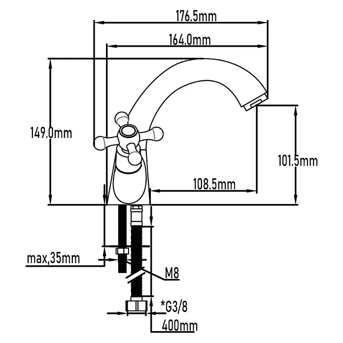 Universal de Grifería Classica Grifo de lavabo bimando - Bronce, Mate - Dibujo del producto de un grifo con medidas para la instalación y el diseño.