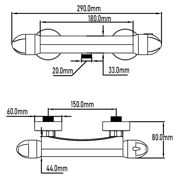 Universal de Grifería Grifo con termostato Eco - Ancho: 29 cm, Cromo, Resplandeciente - Bosquejo del producto con dimensiones de un tirador de baño, destacando las medidas y los detalles de instalación.