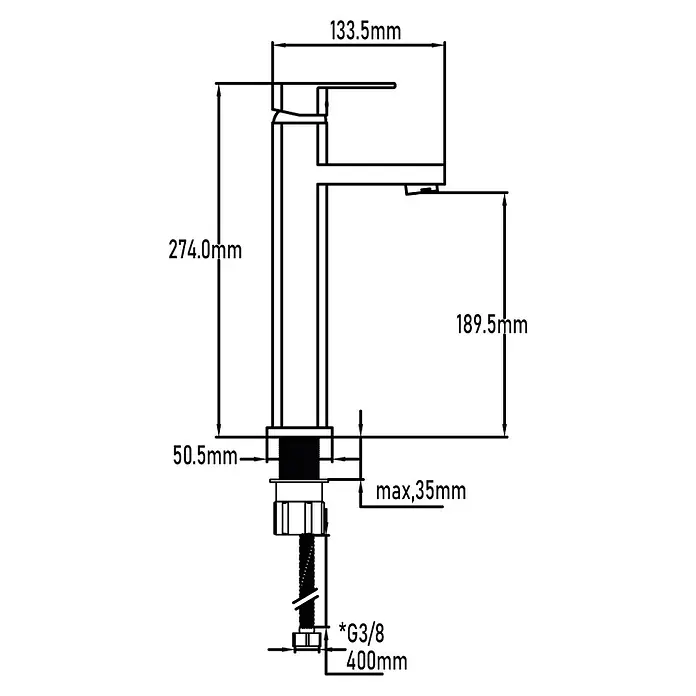 Universal de Grifería Grifo de lavabo caño alto Curvas - Cromo, Brillante - Dibujo técnico de un grifo con dimensiones. La altura es de 274 mm, el alcance es de 189,5 mm, la longitud del caño es de 133,5 mm y la longitud de la rosca es de 400 mm.