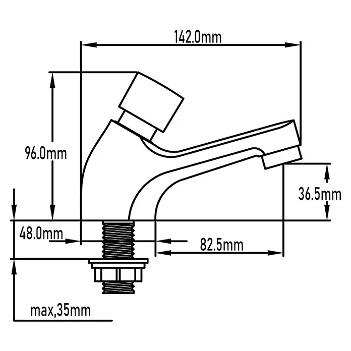 Universal de Grifería Grifo de lavabo Temporizado - Cromo, Brillante - Dibujo esquemático de un grifo con dimensiones precisas, incluyendo altura, longitud y grosor máximo para el montaje.