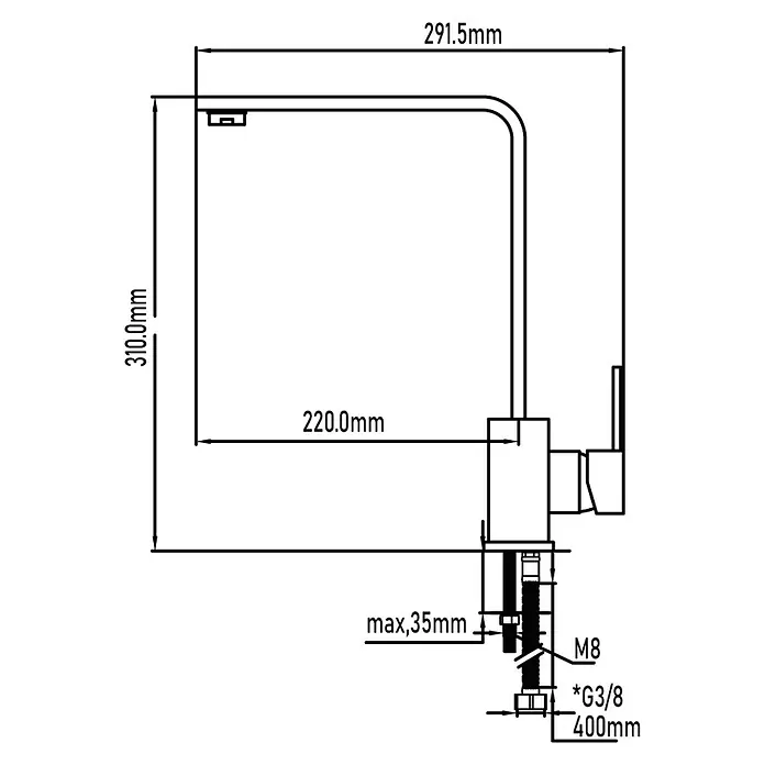 Universal de Grifería Grifo de cocina Eyre - Cromo - Un dibujo técnico de un grifo con dimensiones que indican altura, proyección y montaje para una planificación precisa.