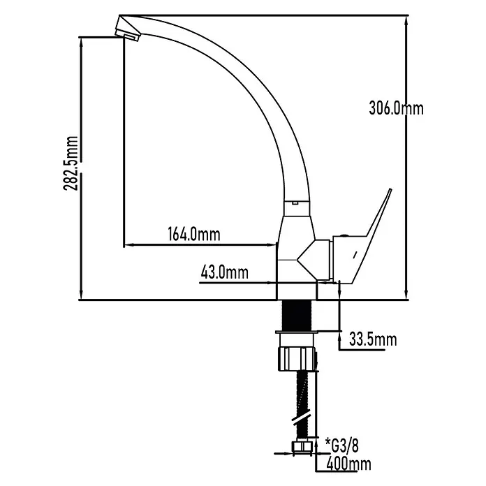 Universal de Grifería Grifo de cocina Ter - Cromo, Brillante - Un dibujo técnico detallado de un grifo de cocina con medidas indicadas. El dibujo muestra todas las dimensiones del grifo.