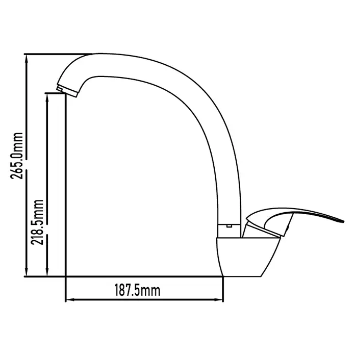 Universal de Grifería Grifo de cocina Segre - Cromo, Brillante - Imagen del producto de un grifo con dimensiones de 265 mm de altura y 187,5 mm de ancho para baño o cocina.