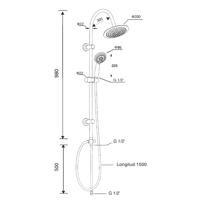 Universal de Grifería Sistema de ducha Alba - Sin grifo, Cromo - Un dibujo técnico de un accesorio de ducha con rociador superior y de mano, completo con especificaciones de dimensiones.
