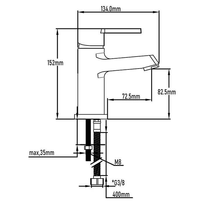 Universal de Grifería Danubio Grifo de lavabo - Cromo, Brillante - Dibujo técnico de un grifo con dimensiones que especifican la altura, el alcance y las conexiones.