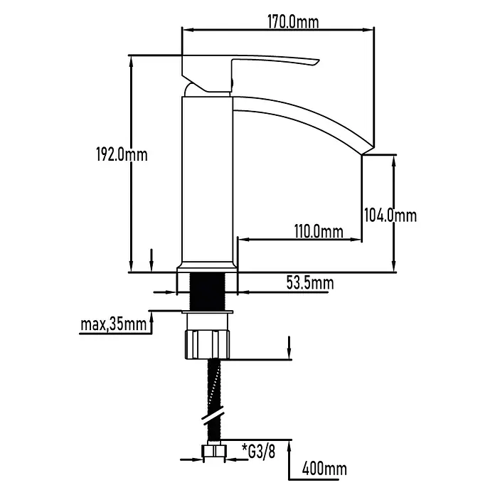 Universal de Grifería Obi Grifo de lavabo - Cromo, Brillante - Diagrama que muestra las dimensiones del grifo, incluyendo altura, alcance y tamaño de la rosca para la instalación.