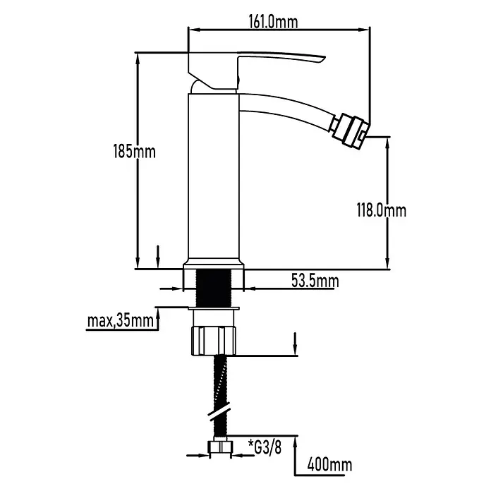 Universal de Grifería Obi Grifo monomando de bidé - Cromo, Brillante - Dibujo técnico de un grifo con especificaciones dimensionales para la instalación.
