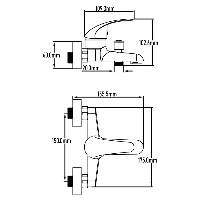 Universal de Grifería Rin Grifo monomando de bañera - Cromo, Brillante - Dibujo técnico del mezclador de lavabo, que proporciona las dimensiones para la instalación y la planificación.