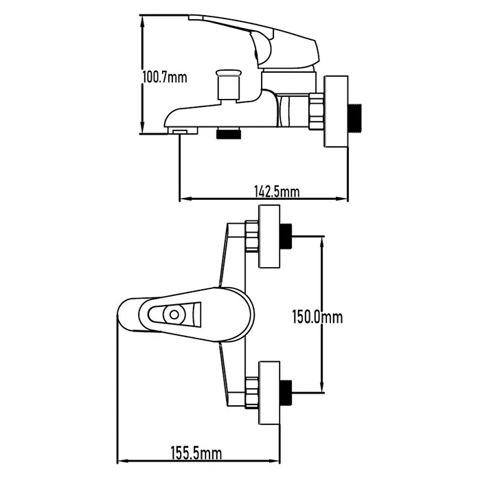 Universal de Grifería Nilo Grifo monomando de bañera - Cromo, Brillante - Ilustración de un plano de grifo con medidas etiquetadas. Las dimensiones totales de este producto se indican con los valores 100,7 mm, 142,5 mm, 150,0 mm y 155,5 mm.
