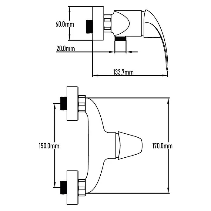 Universal de Grifería Rin Grifo monomando de ducha - Cromo, Brillante - Diagrama de un grifo con dimensiones, mostrando construcción y medidas para instalación y diseño.