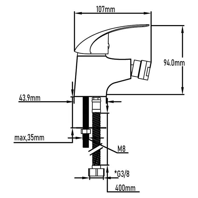 Universal de Grifería Aire Grifo monomando de bidé - Cromo, Resplandeciente - Dibujo técnico de un grifo, mostrando dimensiones como 107mm de ancho y 94mm de alto. Los detalles de conexión están marcados con M8 y *G3/8.