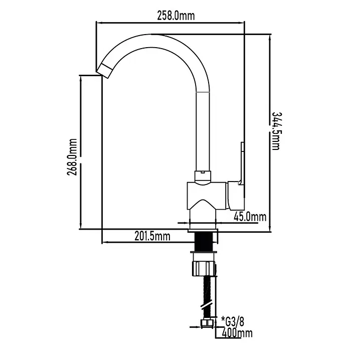 Universal de Grifería Grifo de cocina Misuri - Cromo, Brillante - Un dibujo técnico de un grifo con dimensiones que destacan la altura y el ancho del producto.