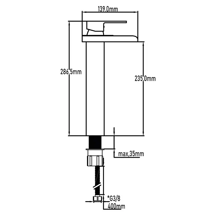 Universal de Grifería Grifo de lavabo Perla - Cromo, Brillante - Diagrama de un grifo con dimensiones tales como altura (286,5 mm), alcance del caño (139 mm) y mangueras de conexión flexibles (400 mm).