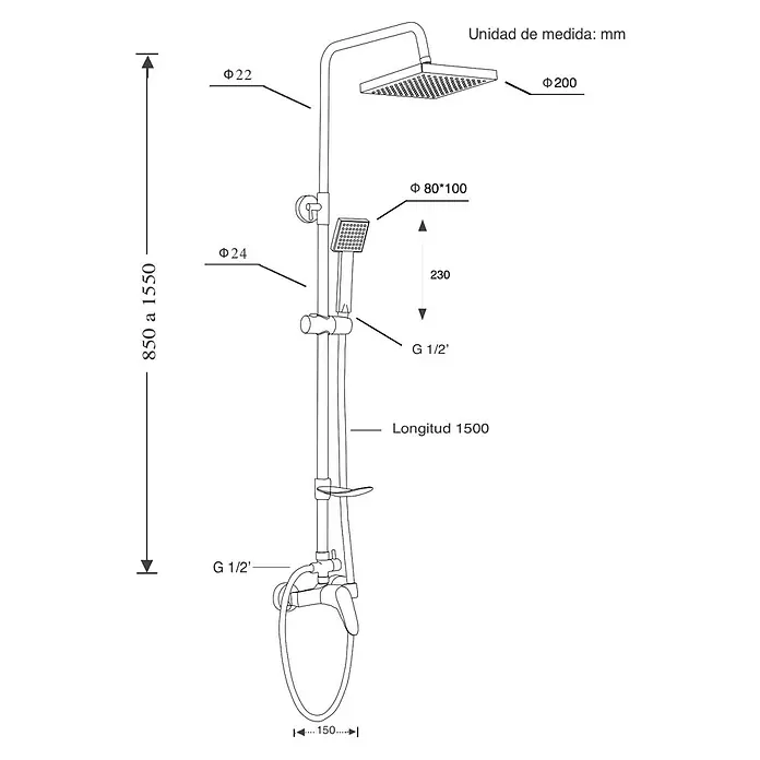 Universal de Grifería Sistema de ducha Tineo - Con grifo monomando, Distancia entre orificios: 15 cm, Número de tipos de chorro: 1 ud., Cromo - Dibujo detallado de un conjunto de ducha con medidas, incluyendo ducha de techo, ducha de mano y grifo mezclador, para instalación.