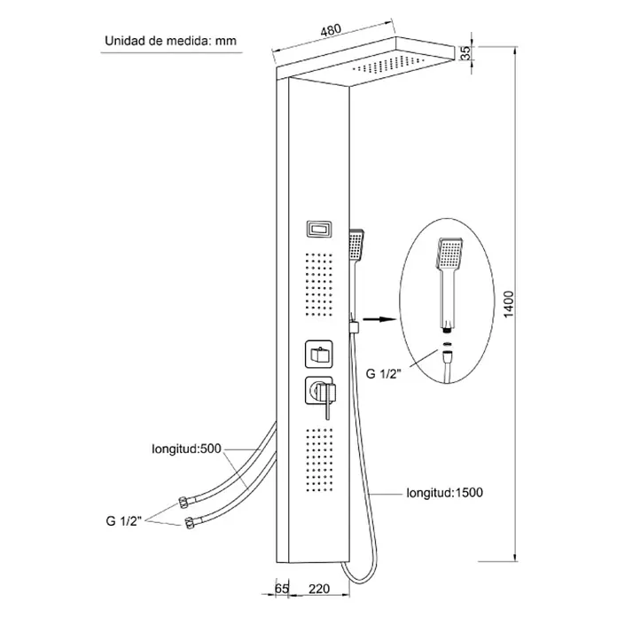 Universal de Grifería Panel de ducha de hidromasaje A-9127 - Altura: 140 cm, Con grifo monomando, Blanco - Dibujo detallado de una columna de ducha con medidas para la instalación. La columna ofrece rociador superior y ducha de mano.