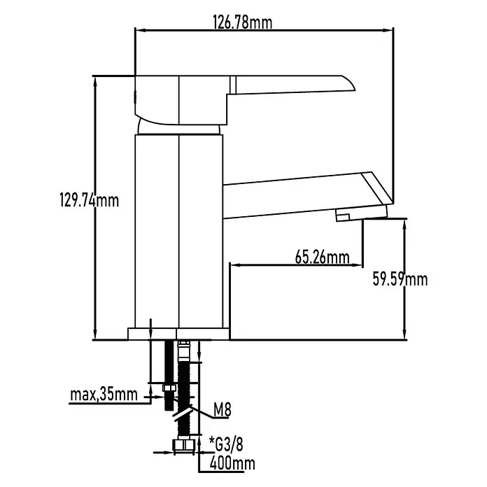 Universal de Grifería Sil Grifo de lavabo - Cromo, Brillante - Imagen de un grifo con dimensiones para la instalación. El grifo tiene un diseño moderno, adecuado para baños o cocinas.